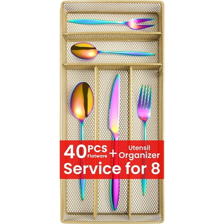 

40-piece Rainbow Silverware Set with Utensil Organizer Stainless Steel Flatware Set for 8 Home & Kitchen Cutlery Mirror Polished Tableware Minimast and Sleek Design
