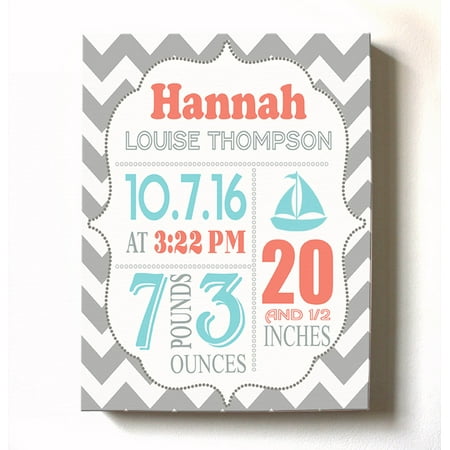 Personalized Canvas Birth Announcement Nursery Decor Gift, Sailboat Design, Custom Name, Date, Weight & Length, Unique Boys & Girls Baby Shower Wall Art Presents, Color Gray # 1, Size - 10X12