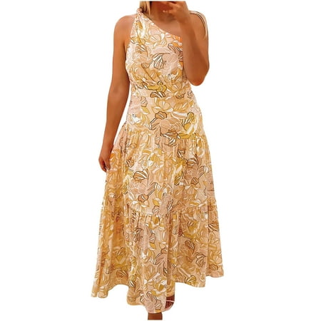 Tiered Ruffle Long Maxi Dress for Women Summer Sleeveless One Shoulder Dress Floral Print Smocked Maxi Dresses
Tiered Ruffle Long Maxi Dress for Women Summer Sleeveless One Shoulder Dress Floral Print Smocked Maxi Dresses