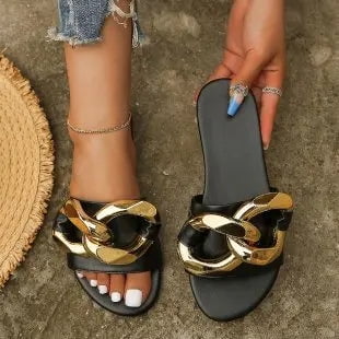 Women s Metal Chain Flat Slippers Solid Color Casual Lightweight Non-slip Shoes Outside Beach Sandals Zapatillas De Mujeres
Women s Metal Chain Flat Slippers Solid Color Casual Lightweight Non-slip Shoes Outside Beach Sandals Zapatillas De Mujeres
