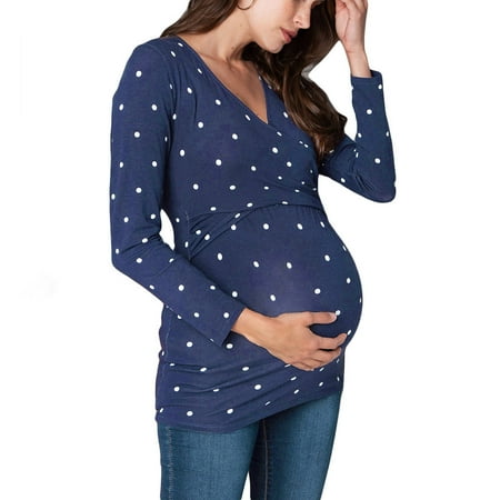 TANGNADE Women Pregnant Nusring Maternity V-Neck Long Sleeve Ruffles Printed Dot Tops