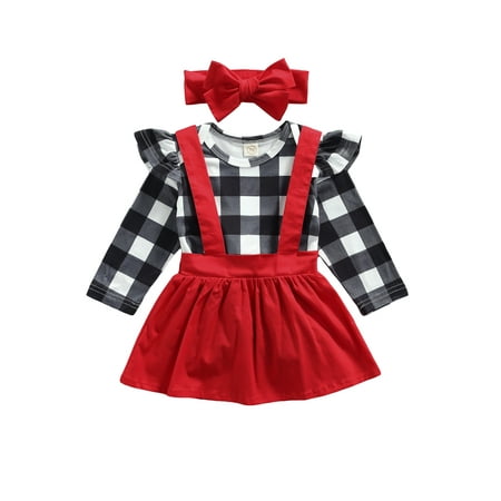 Meihuida Newborn Long Sleeve Romper + Suspender Skirt + Bow Headband Ruffle
