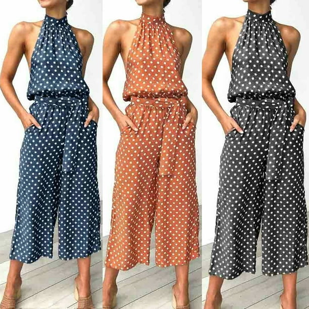 Multitrust Women Halter Neck Backless Polka Dot Printed Wide Leg Jumpsuit Romper Long Pants