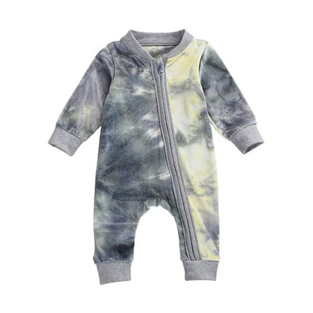 Carolilly Baby Girls Boys Tie Dye Romper Long Sleeve Zipper Ribbed Bodysuit