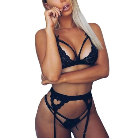 

Utoimkio Sexy Lingerie for Women High Waisted Lace Bras Panties and G-string Garter Sets Strappy Babydoll Three Piece Lingeries