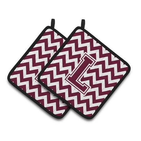 Letter L Chevron Maroon and White Pair of Pot Holders