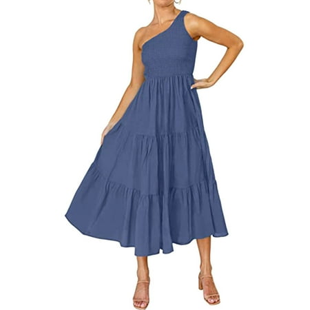 Dresses for Women 2022 Wedding Dress Fashion Women Boho Summer Solid One Shoulder Sleeveless Smocked Maxi Dress Savings Clearance Deals Sundresses for Women Maxi Dress Blue M
Dresses for Women 2022 Wedding Dress Fashion Women Boho Summer Solid One Shoulder Sleeveless Smocked Maxi Dress Savings Clearance Deals Sundresses for Women Maxi Dress Blue M