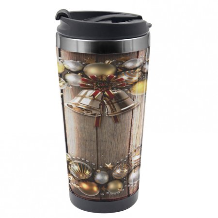 Christmas Travel Mug, Baubles on Rustic Wood, Steel Thermal Cup, 16 oz, by Ambesonne
