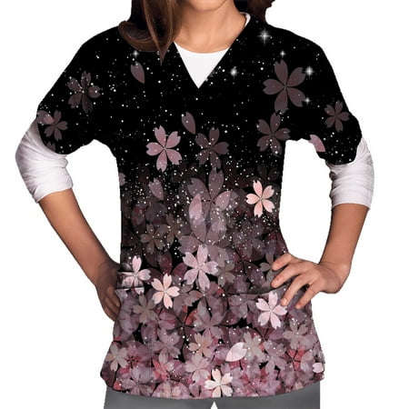 CHMORA V-Neck Womens Scrubs Top Workwear Originals with Rib-Knit Back Panels(Black XL)