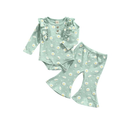 Sunisery 2Pcs Toddler Baby Girls Fall Clothes Floral Print Ruffle Long Sleeve Romper+Flared Pants Outfits Green 3-6 Months
