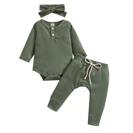 Canrulo Newborn Baby Boys Girls Clothes 3pcs Solid Long Sleeve Romper Tops Elastic Pants Headband Sets Green 3-6 Months
Canrulo Newborn Baby Boys Girls Clothes 3pcs Solid Long Sleeve Romper Tops Elastic Pants Headband Sets Green 3-6 Months