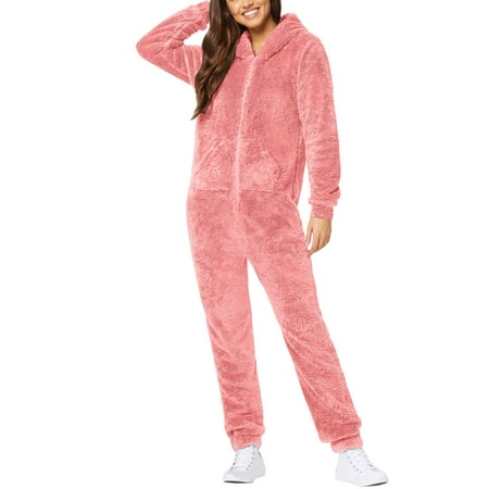Women s Fleece Onesie Loungewear Pajamas Winter Warm Fuzzy One Piece Romper Zipper Hooded Jumpsuit Sleepwear