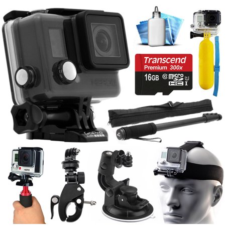 GoPro HERO+ LCD Camera Camcorder (CHDHB-101) with Action Sports Bundle includes 16GB Card + Selfie Stick Monopod + Floating Bobber + Stabilizer Grip + Car Mount + Head Strap + Dust Cleaning Kit + More