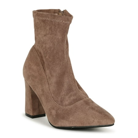 Women Faux Suede Pointed Toe Block Heel Ankle Bootie 19598
