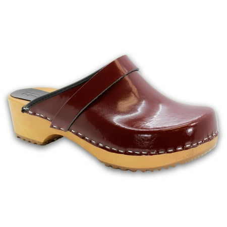 BJORK Maja Open Back Wood Leather Clogs (Maroon Patent - EU38)