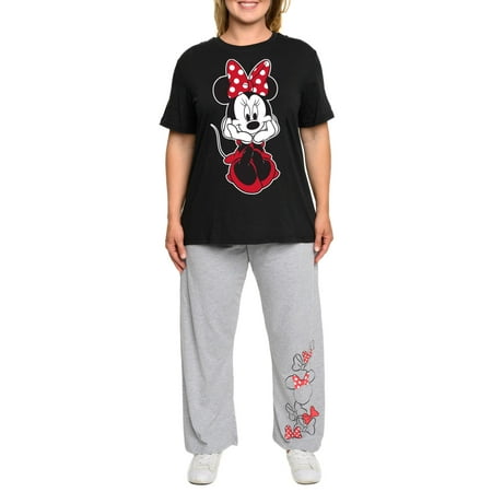 Women s Plus Size Minnie Mouse Pajama Set Lounge Pants Gray Bow Icon