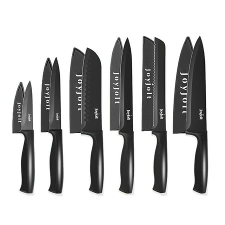 

JoyJolt 12 Piece Kitchen Knives Set - 6 Stainless Steel Kitchen Knife Set with Blade Guards - Chef Knife Bread Knife Slicer Knife Santoku Knife Utility Knife Paring Knife - Black