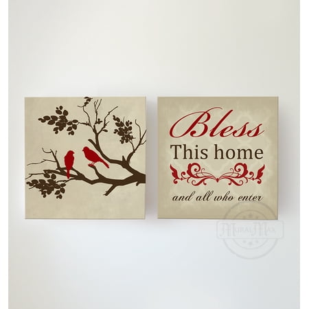 MuralMax Bless This Home & All Who Enter Bible Verse Art - Family Tree Canvas Wall Decor - Unique Inspirational Anniversary & Wedding Gifts For All Occasions - Set Of 2 - Color Taupe - Size-24X24