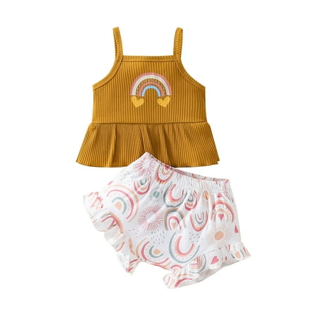 TAIAOJING Kid Toddler Girl Clothes Sleeveless Rainbow Printed Ribbed Vest Tops Ruffles Shorts Baby Girl Outfits 6-12 Months
TAIAOJING Kid Toddler Girl Clothes Sleeveless Rainbow Printed Ribbed Vest Tops Ruffles Shorts Baby Girl Outfits 6-12 Months