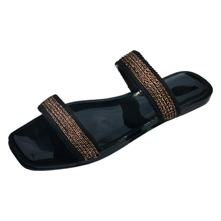 Slippers for Women Womens Shoes Summer Slippers Metal Chain Square Toe Slippers Fashion Flat Plus Size Metal Chain Slippers House Slippers Pu 37