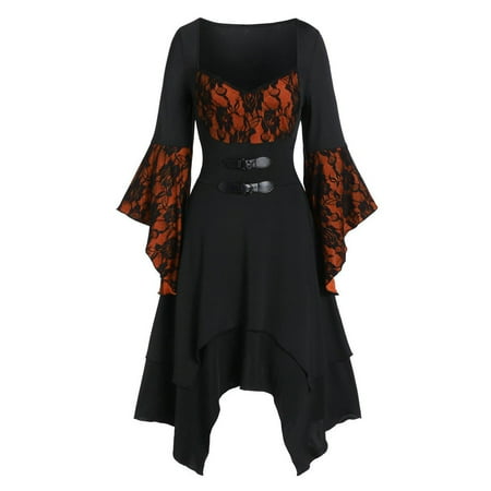 Pink Dress Plus Size Dress for Women Women Halloween Skull Long Sleeve Square Collar Mesh Splicing Irregular Party Dresses Savings Clearance Deals Dresses for Women Bridesmaid Dresses Orange S