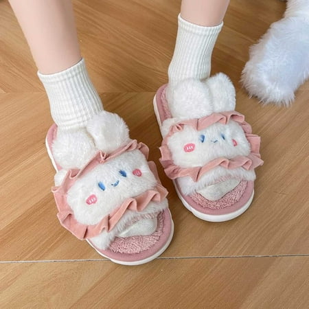 

TUTUnaumb Women s BUNNY Slippers Fuzzy Fluffy Open Toe Slippers Size 7 Fluffy Soft Sole Plush House Slippers for Ladies Thong Flat Furry Slippers Comfy Anti-Slip Spa Indoor Outdoor-Pink-37
