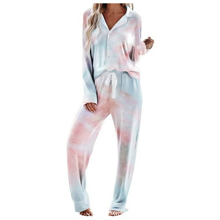 Women s Two Piece Set Of Gradient Tie-Dye V Neck Long Sleeve Sleepwear