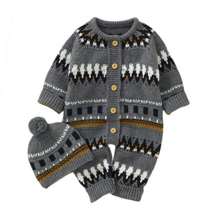Baby Newborn Knitted Sweater Romper Longsleeve Outfit with Warm Hat Set