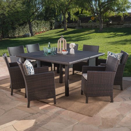 Alice Outdoor 9 Piece Wicker Square Dining Set with Water Resistant Cushions, Multibrown and Light Brown