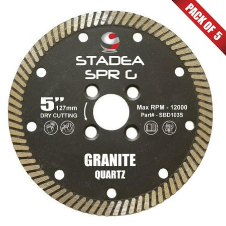 Stadea SBD102S Diamond Saw Blade 5-Inch Continuous Turbo For Grinder - Granite Hard Stone Dry Cutting 8 MM Segments - Pack of 5
Stadea SBD102S Diamond Saw Blade 5-Inch Continuous Turbo For Grinder - Granite Hard Stone Dry Cutting 8 MM Segments - Pack of 5