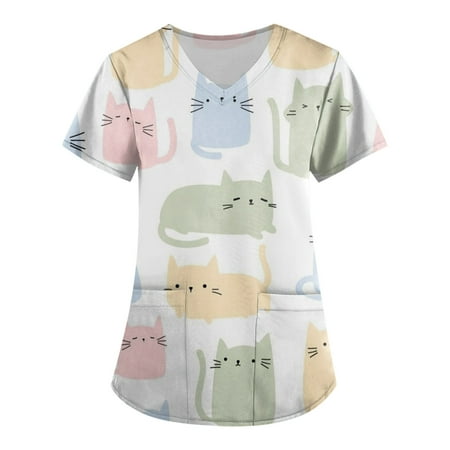 Apepal Women Print Short Sleeve V-Neck Scrub Tops Working T-shirt