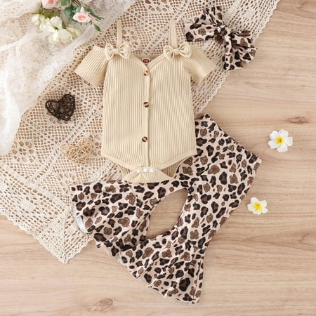 Viworld Infant Baby Girl Sling Short Sleeve Solid Color Button Romper+Floral Leopard Flare Pants+Bowknot Headband Outfits Set Beige 18-24 Months 
Viworld Infant Baby Girl Sling Short Sleeve Solid Color Button Romper+Floral Leopard Flare Pants+Bowknot Headband Outfits Set Beige 18-24 Months