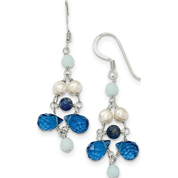 Designer Sterling Silver Dark Blue Crystal/Lapis/Fw Cultured Pearl Earrings (Length=44) (Width=9) Made In Thailand