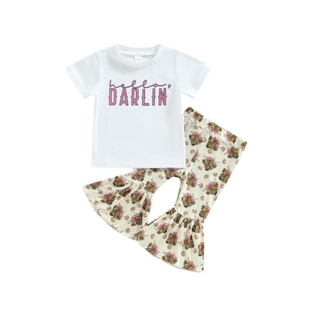 Western Baby Girl Clothes Bell Bottom Outfit Letter Print Short Sleeve T-Shirt Top Cow Flare Pants Set Cowgirl Outfits
Western Baby Girl Clothes Bell Bottom Outfit Letter Print Short Sleeve T-Shirt Top Cow Flare Pants Set Cowgirl Outfits