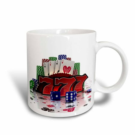 3dRose Casino concept with poker cards chips dice and slot style sevens, Ceramic Mug, 15-ounce