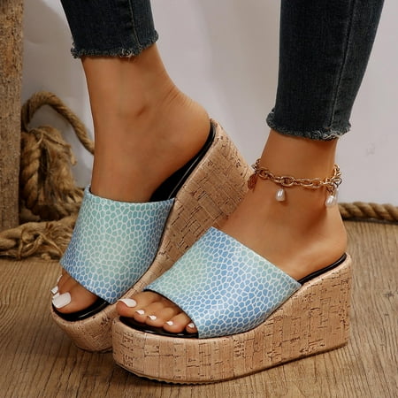 Josdec Womens Shoes Clearance Round Toe Medium Heel Sloping Heel Slippers Flower Sandals