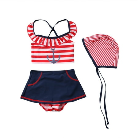 Toddler Girls Summer Swimsuit Ruffled Tops And Triangle Panties with Hat