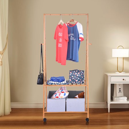 Bamboo Clothes Laundry Coat Rack Portable Garment Rack 2 Layer Storage Shelves