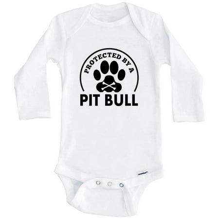 Protected By A Pit Bull Funny One Piece Baby Bodysuit (Long Sleeve) 6-9 Months White