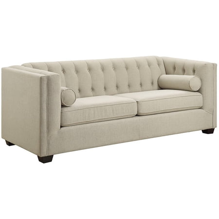 Bowery Hill Tufted Sofa with Lumbar Pillows in Oatmeal and Brown