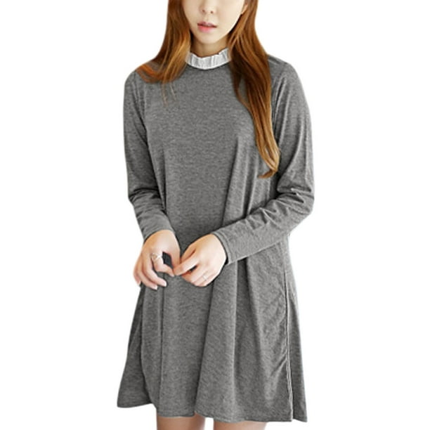Women's Ruffled Collar Long Sleeves Loose Fit Casual Tunic A Line Dress Gray (Size S / 4)