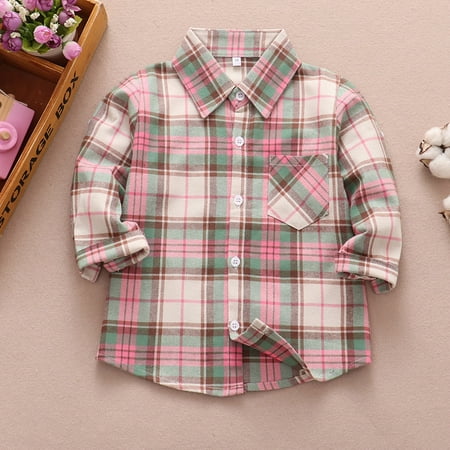 Boys Coats Flannel Shirt Jacket Plaid Long Sleeve Lapel Button Down Shacket Girls Pockets Shirt Top Outwear