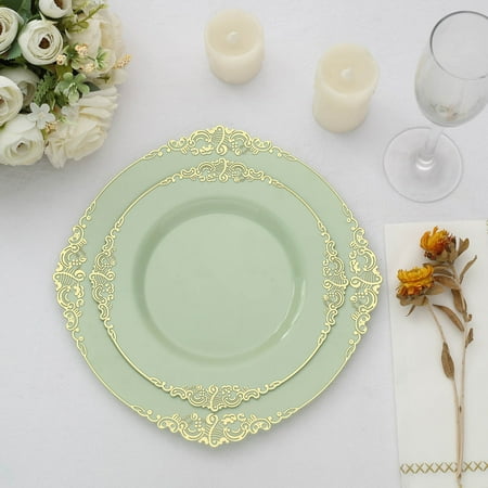 Efavormart 10 Pack | Sage Green/Gold Baroque 8 Round Plastic Dessert Salad Plates Disposable Tableware with Leaf Embossed Gold Rim
Efavormart 10 Pack | Sage Green/Gold Baroque 8 Round Plastic Dessert Salad Plates Disposable Tableware with Leaf Embossed Gold Rim
