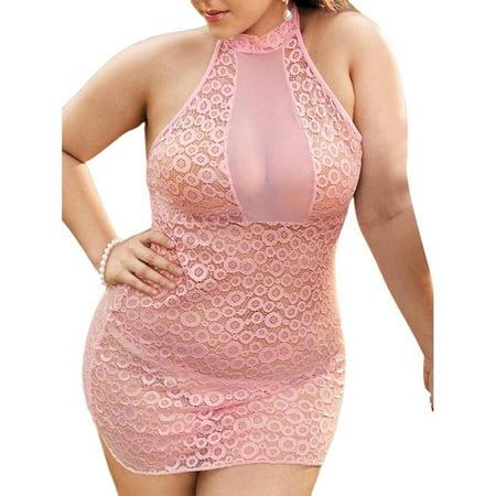 Plus Size Women Lingerie Lace Nighdress Pajamas Nightgown Halterneck dress