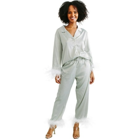 Belles Design Womens Feather Trim Silk Satin Pajama Button Down Long Sleeve and Pants Set Sleepwear Loungewear S To XXL
Belles Design Womens Feather Trim Silk Satin Pajama Button Down Long Sleeve and Pants Set Sleepwear Loungewear S To XXL