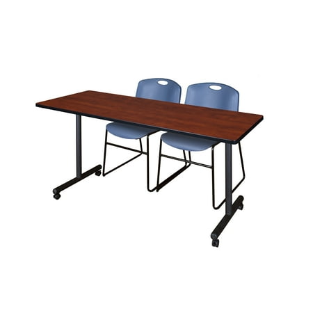 66" x 24" Kobe Mobile Training Table- Cherry & 2 Zeng Stack Chairs- Blue