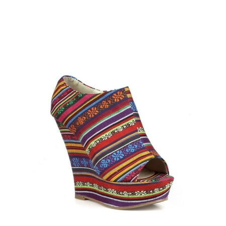 Nature Breeze Tribal Women s Peep Toe Wedge in Blue
