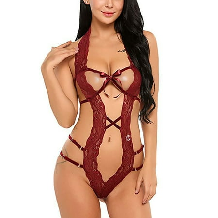 

Avamo Ladies Bodysuit Halter Neck Babydoll One Piece Lingerie Sexy Sleepwear Teddy Club Nightwear Wine Red S