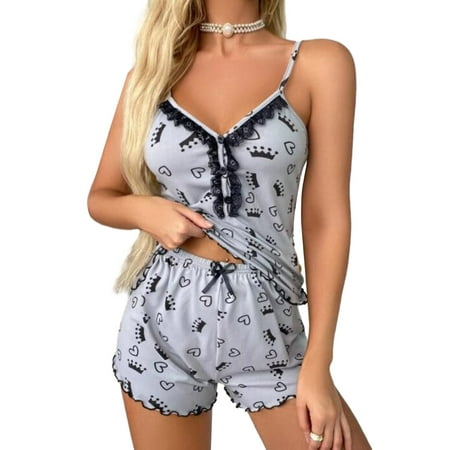 Peyakidsaa Women Pajama Set Lace Patchwork Heart/Dots/Crown Camisole Shorts