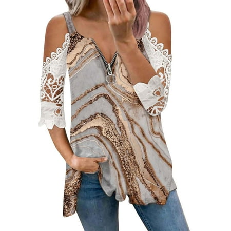 kakina CMSX Flowy Shirts for Women Fashion Causal Zipper Neck Printing Blouse Lace Short Sleeve T-Shirt Summer Tops Plus Beach Tops Beige M